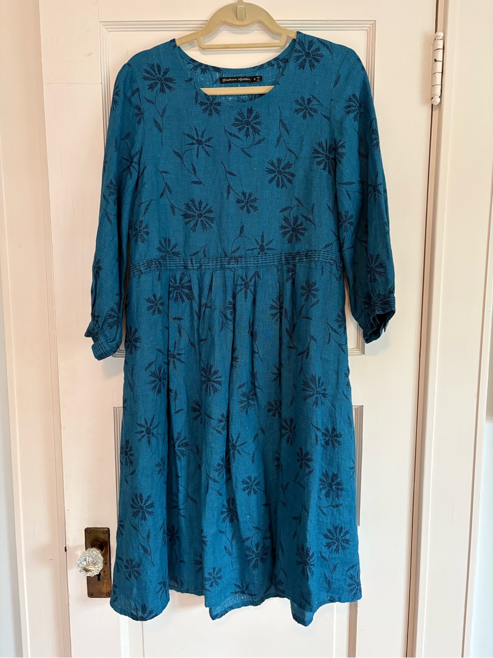 Gudrun Sjödén Midi Dress 100 % Linen Women’s Small Swedish Cottage Core Blue